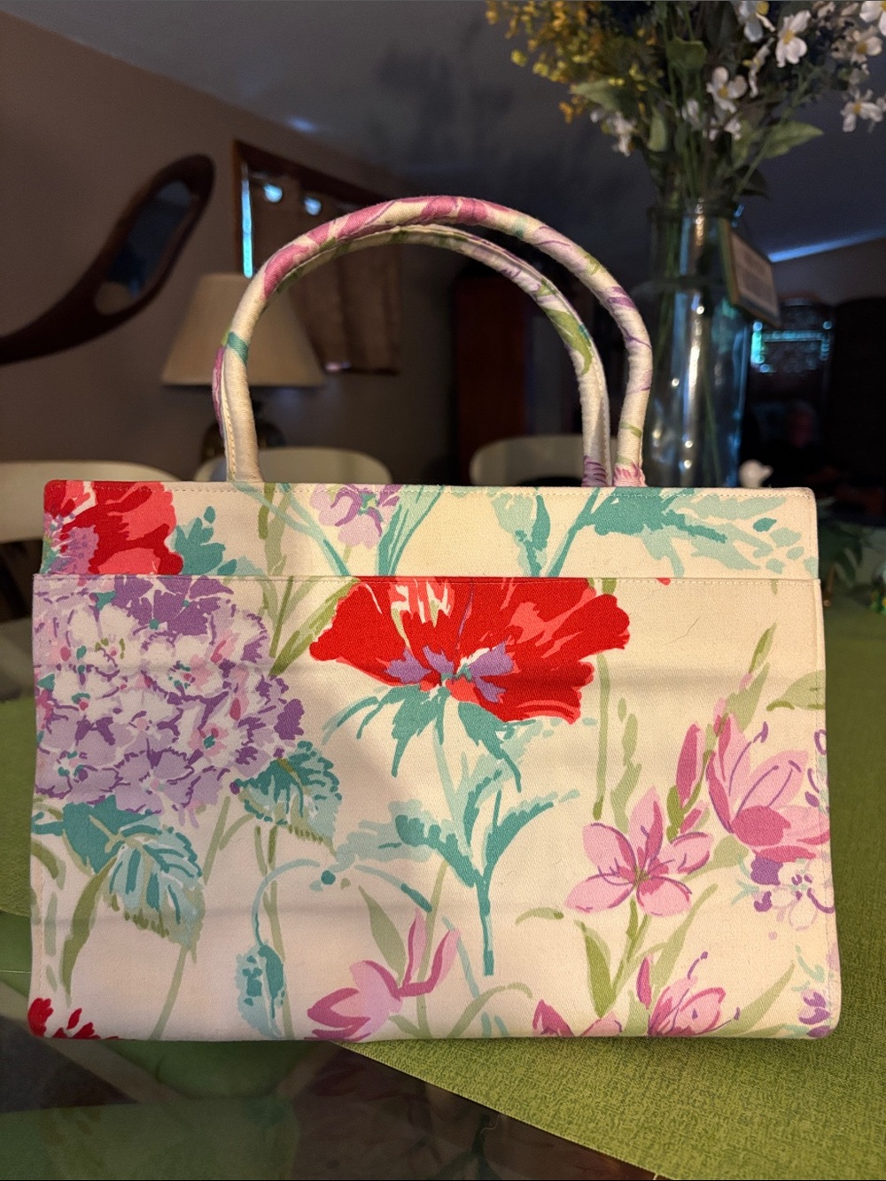 Cream Floral Mini Top-Handle Bag with Red Accent